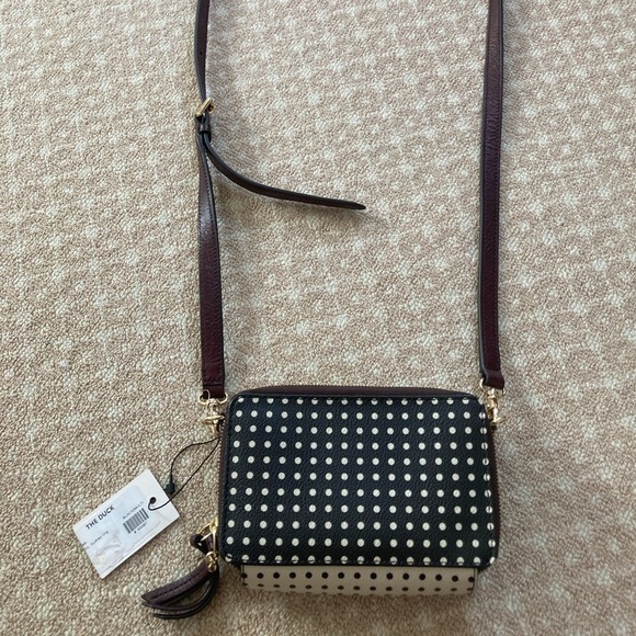 Fossil Bags Nwt Fossil Black And White Polka Dot Leather Crossbody